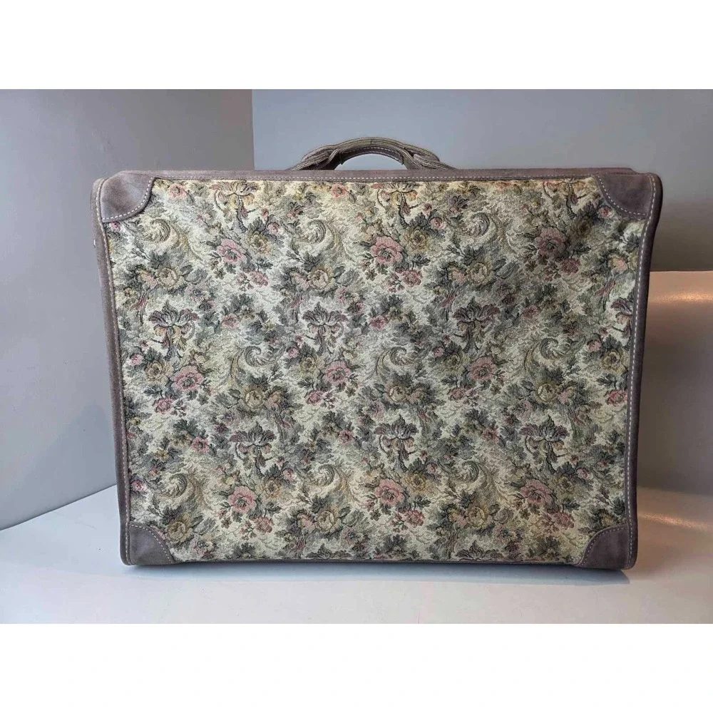 Vintage Suitcase French Luggage Co Gray Floral Rose Tapestry & Suede Leather 23